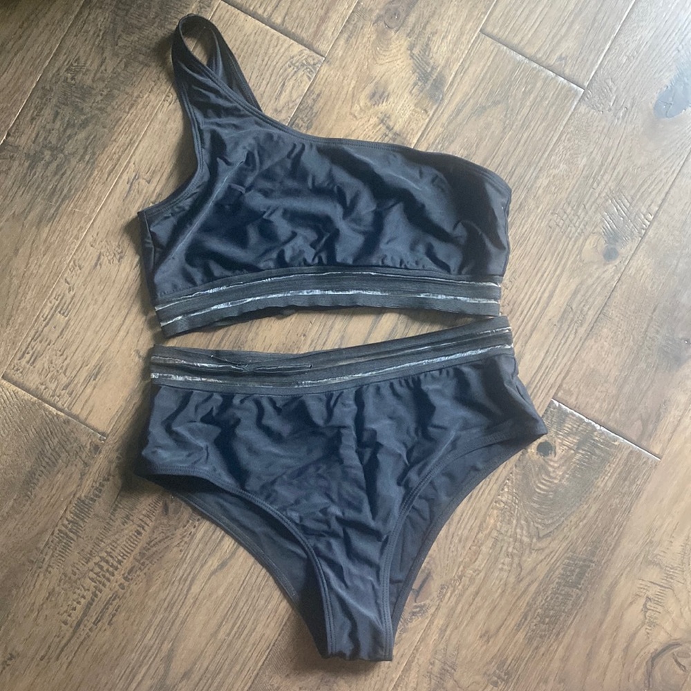 Two piece black one shoulder bikini size large